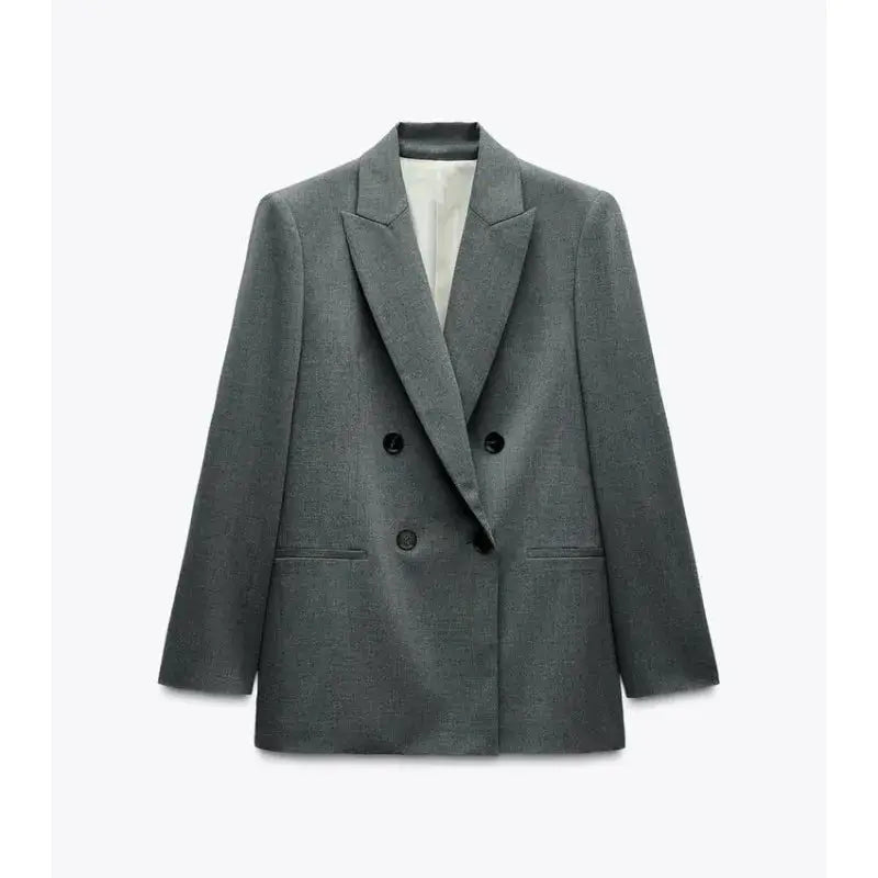 Double-breasted gray blazer for women with shoulder pads by Simples Market