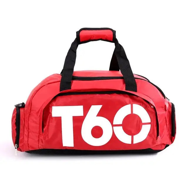 Red gym duffel bag with black handles and white T60 logo