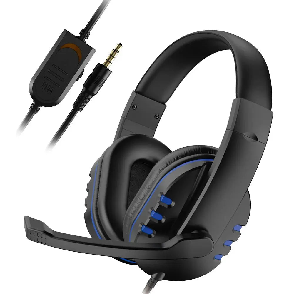 Gaming headset, black wired with microphone and blue accents, 3.5mm plug