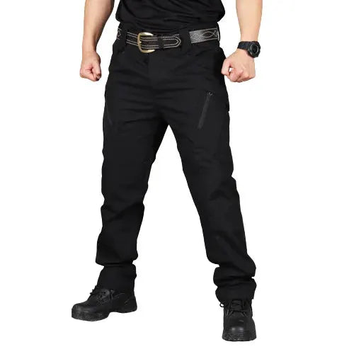 Tactical cargo pants for men in black with multiple pockets and belt