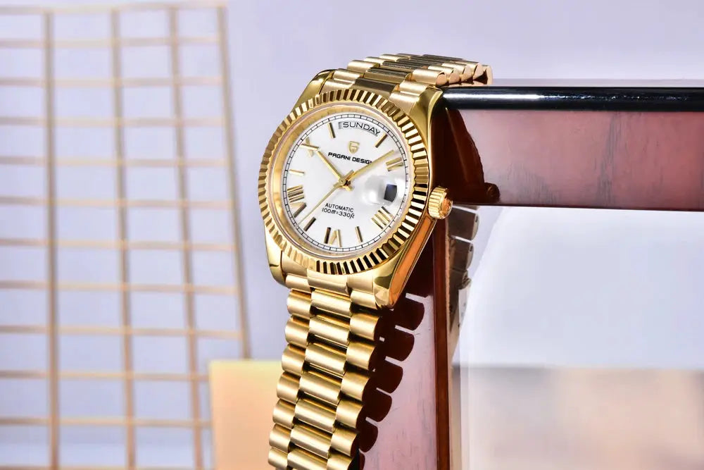 Pagani Design gold-tone men's automatic watch with AR sapphire glass and gold bracelet