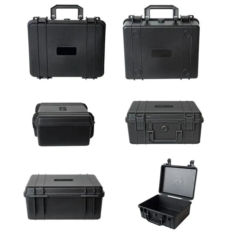 Hard shell waterproof organizer box with handle; portable, impact‑resistant black toolbox for hardware accessories