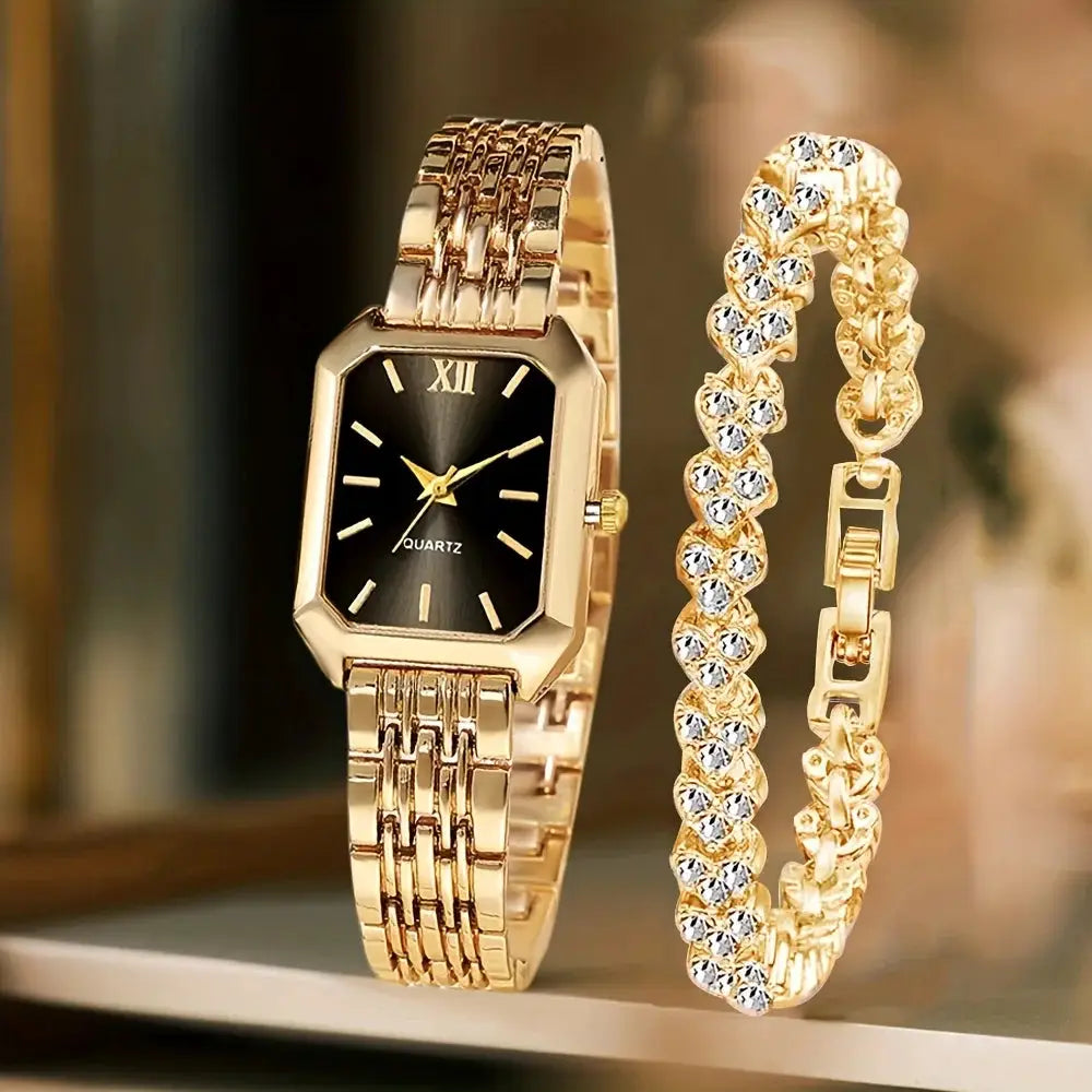 2-piece set: gold-tone rectangular quartz watch with black Roma dial and rhinestone bracelet.