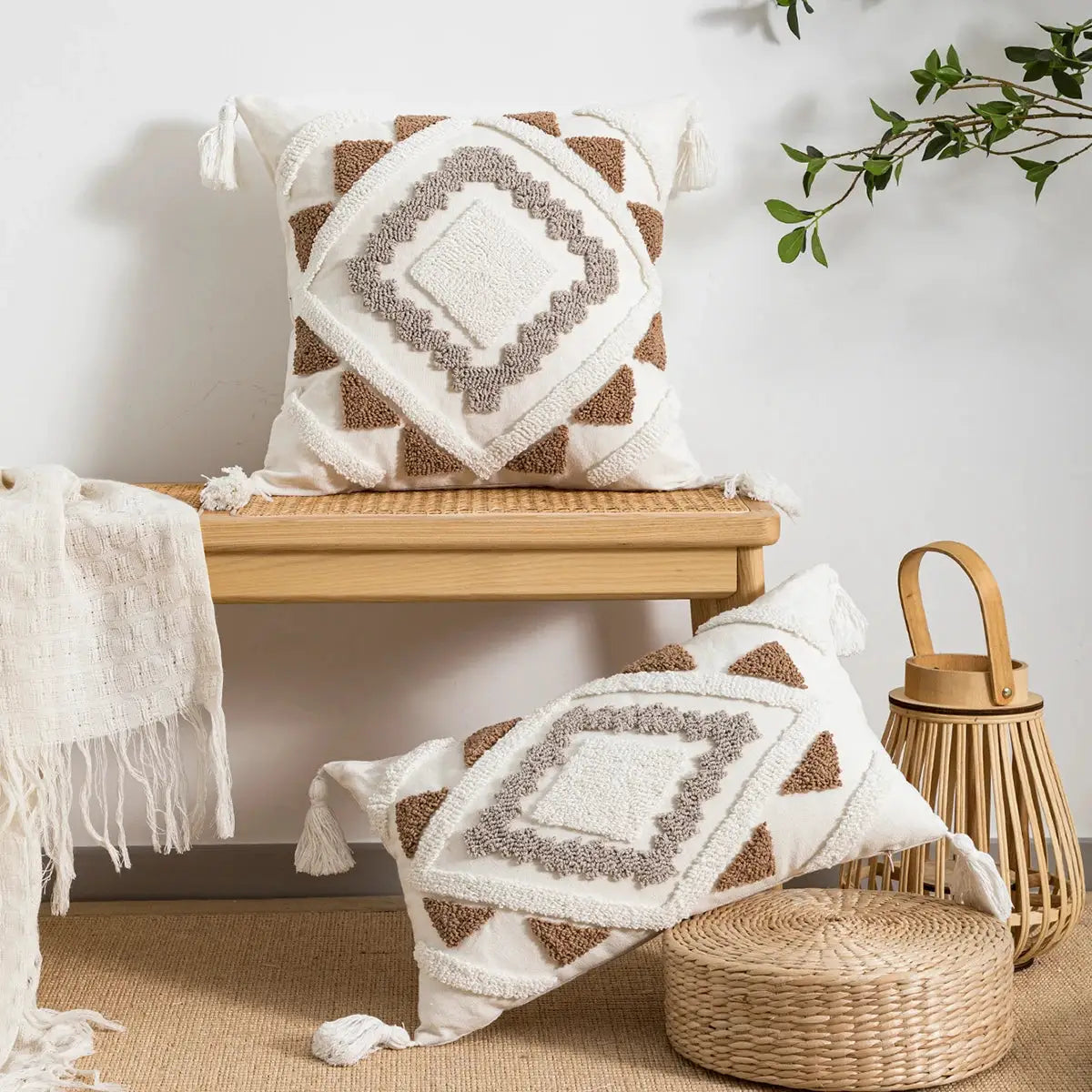 Throw pillow covers, cream with taupe and brown geometric loop-velvet patterns, set of 2