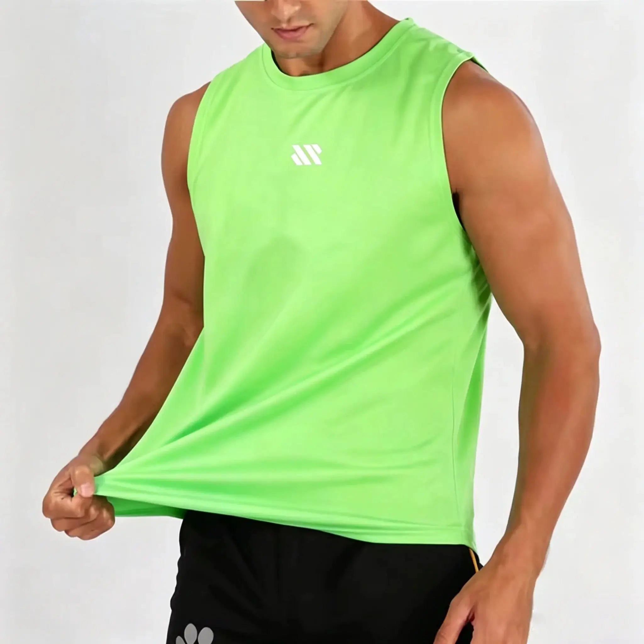 Men's neon green mesh sleeveless gym tank top with white logo by Simples Market