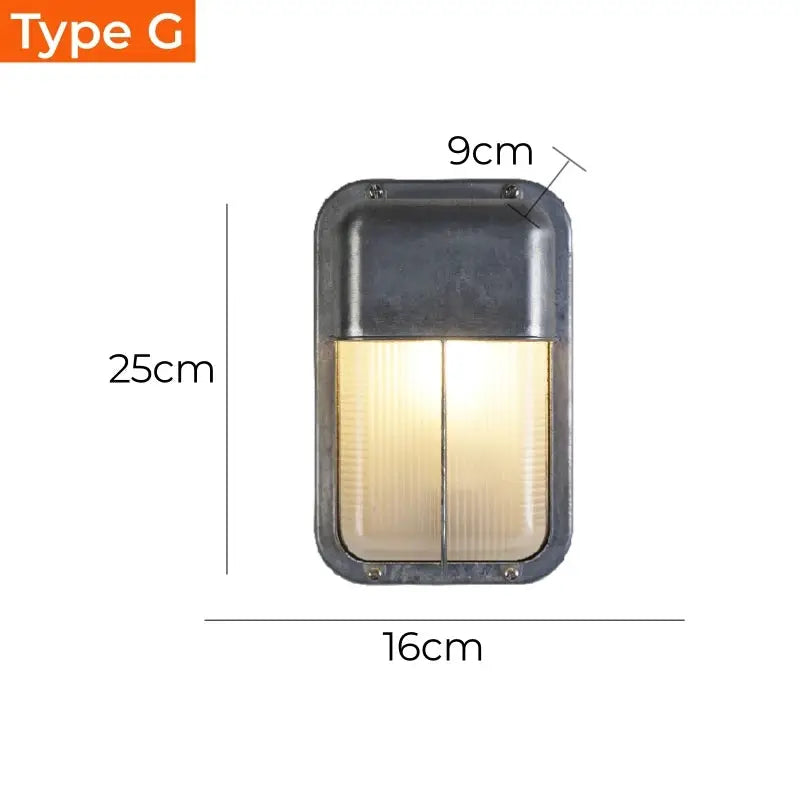 Outdoor retro LED wall lamp with metal gray housing and glass shade; IP65 waterproof
