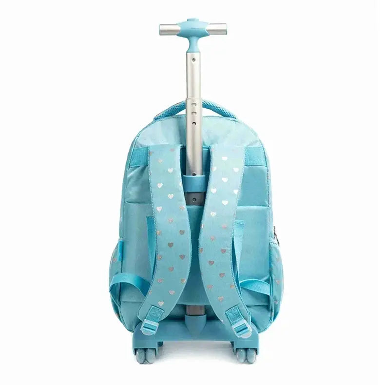 Blue children's wheeled backpack with trolley handle and heart-pattern straps