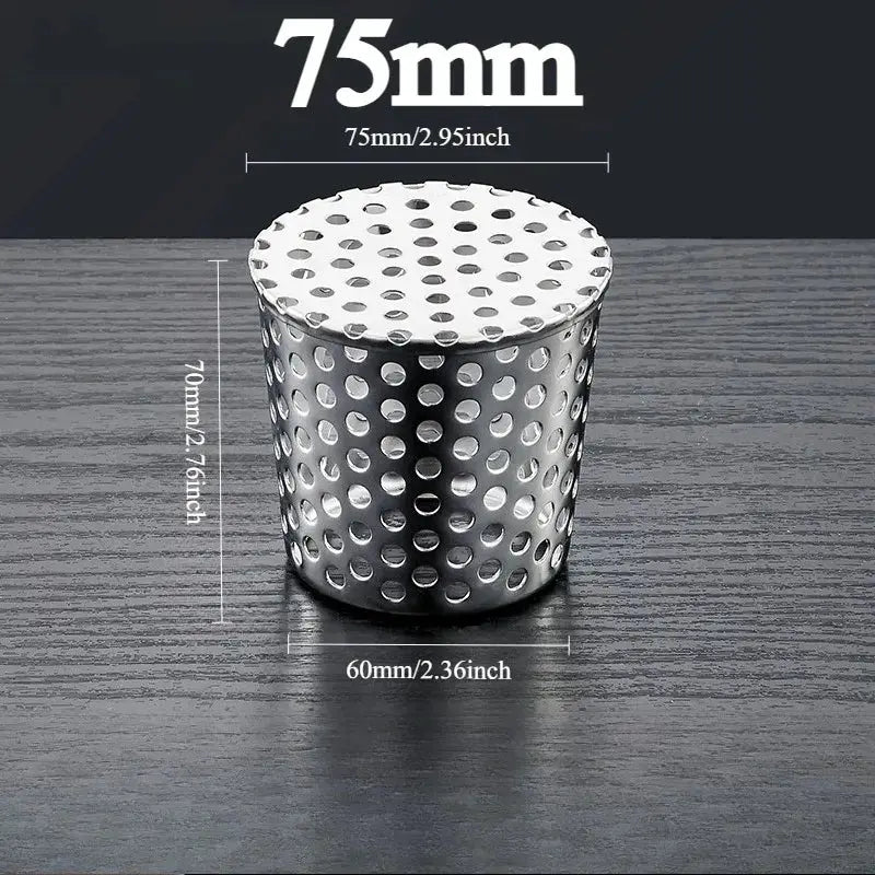 Simples Market 304 stainless steel floor drain insert, perforated debris filter for outdoor drainage, 75mm diameter.