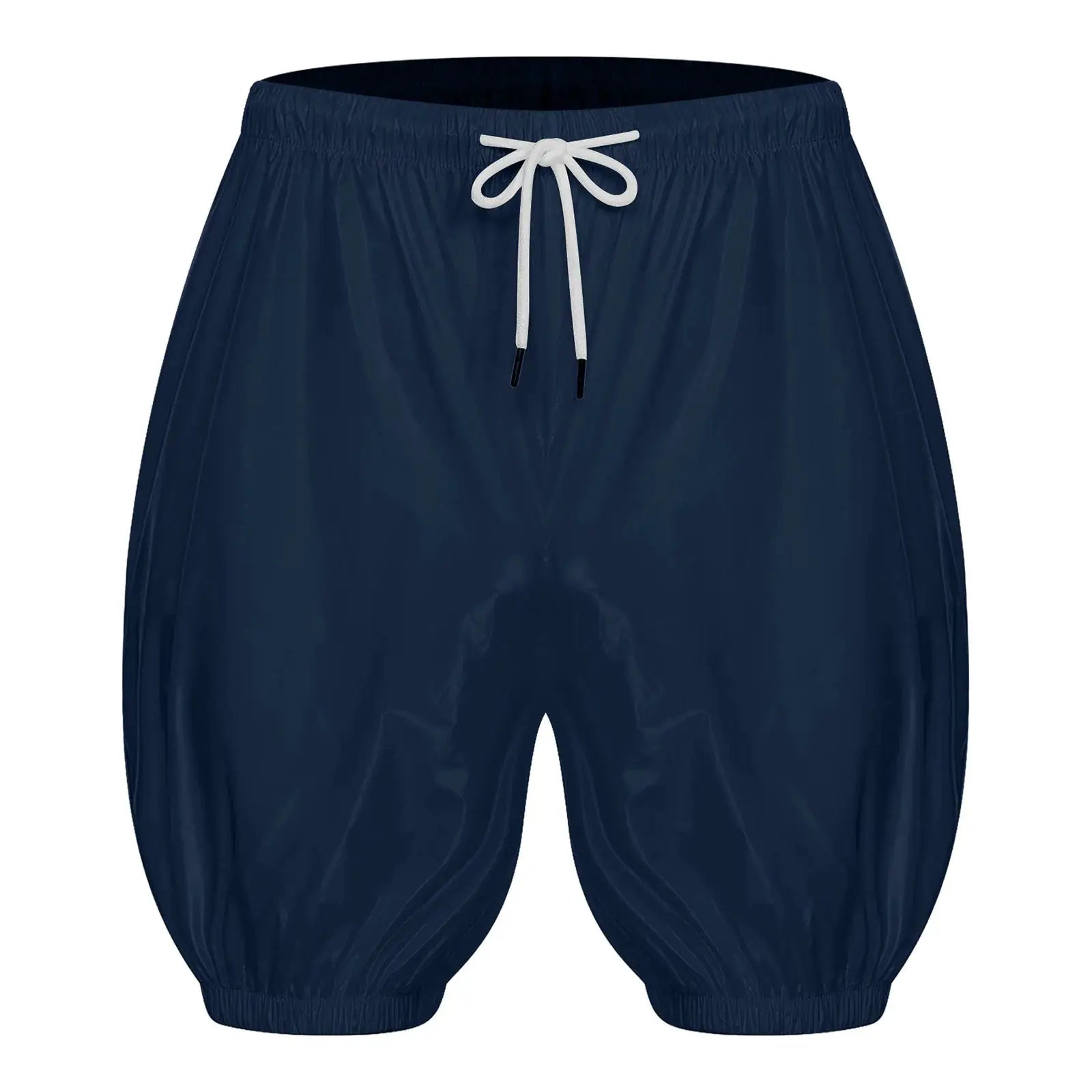 Simples Market waterproof diaper cover shorts for adults; navy blue with white drawstring