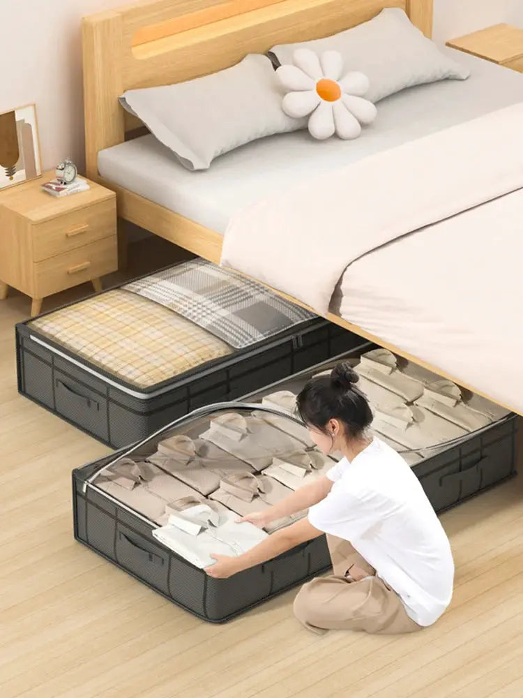 Two large under-bed storage bags by Simples Market, foldable black mesh organizers with handles