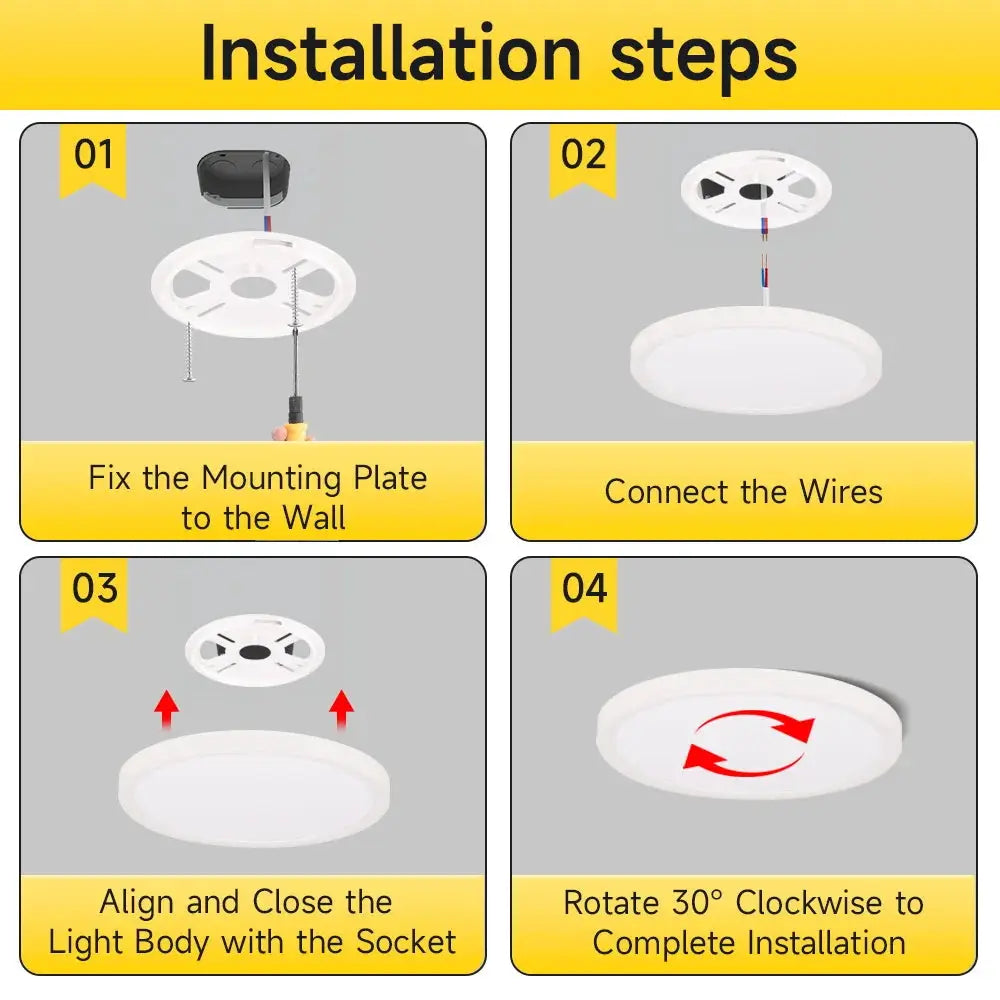 Led ceiling lamp installation steps: white round ultra-thin LED panel with mounting plate and wires