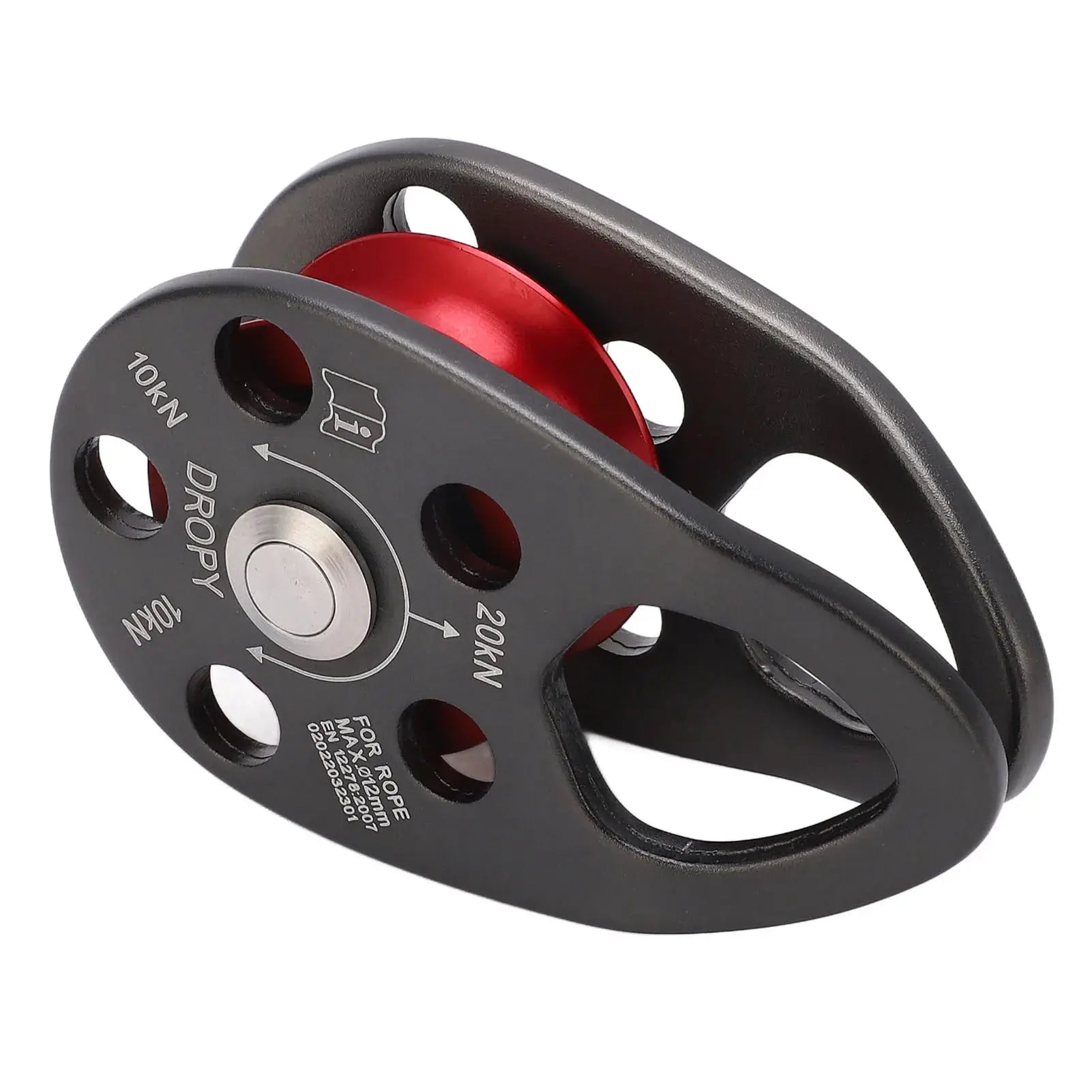 Portable climbing pulley by Simples Market, aluminum alloy body with red wheel, 20 kN load capacity