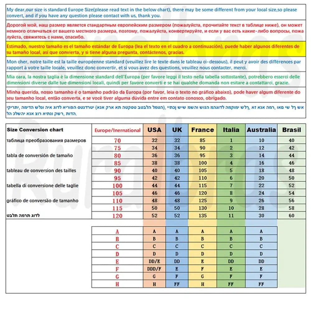 Bra size conversion chart showing international sizes (Europe, USA, UK, France, Italia, Australia, Brasil) and cup sizes A-H.