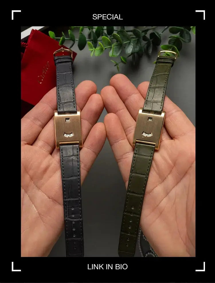 Two CILOA square brand men's quartz watches with gold-tone cases and black/green leather straps; Cartier box behind