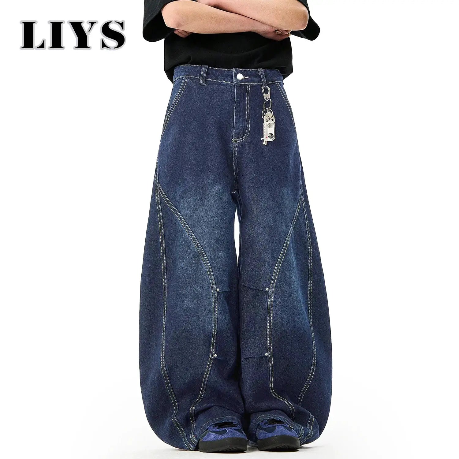 Men's blue denim wide-leg baggy jeans with contrast stitching and hanging keychain; LIYS logo
