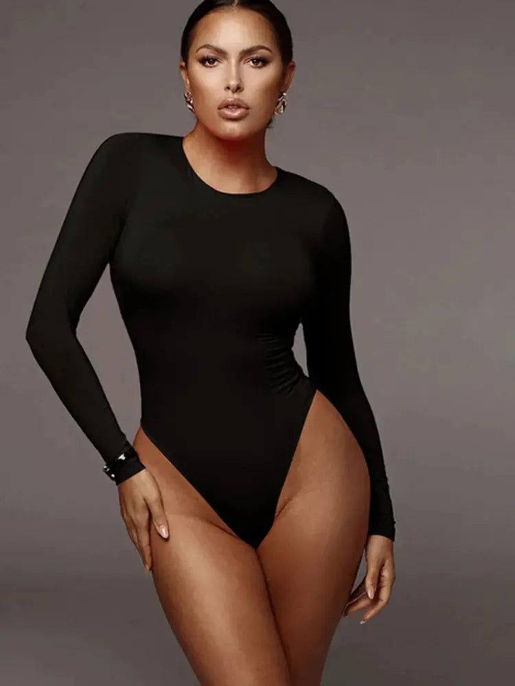 Nova O Neck Long Sleeve Bodysuit White Polyester Cotton Blend Slim Fit For Autumn Winter Streetwear