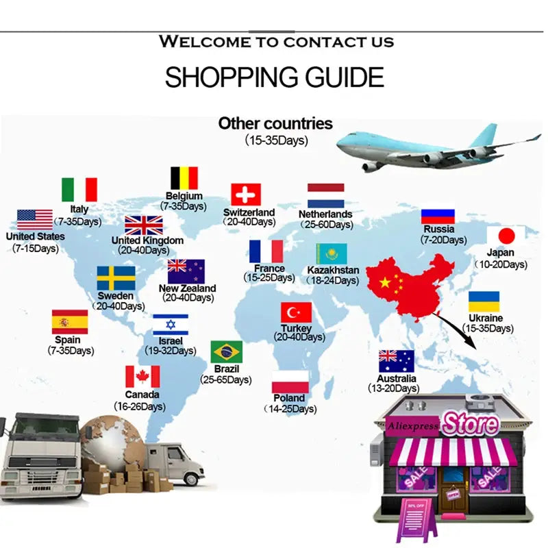 Shipping guide world map illustration with country flags and delivery times, airplane, and Aliexpress Store storefront.