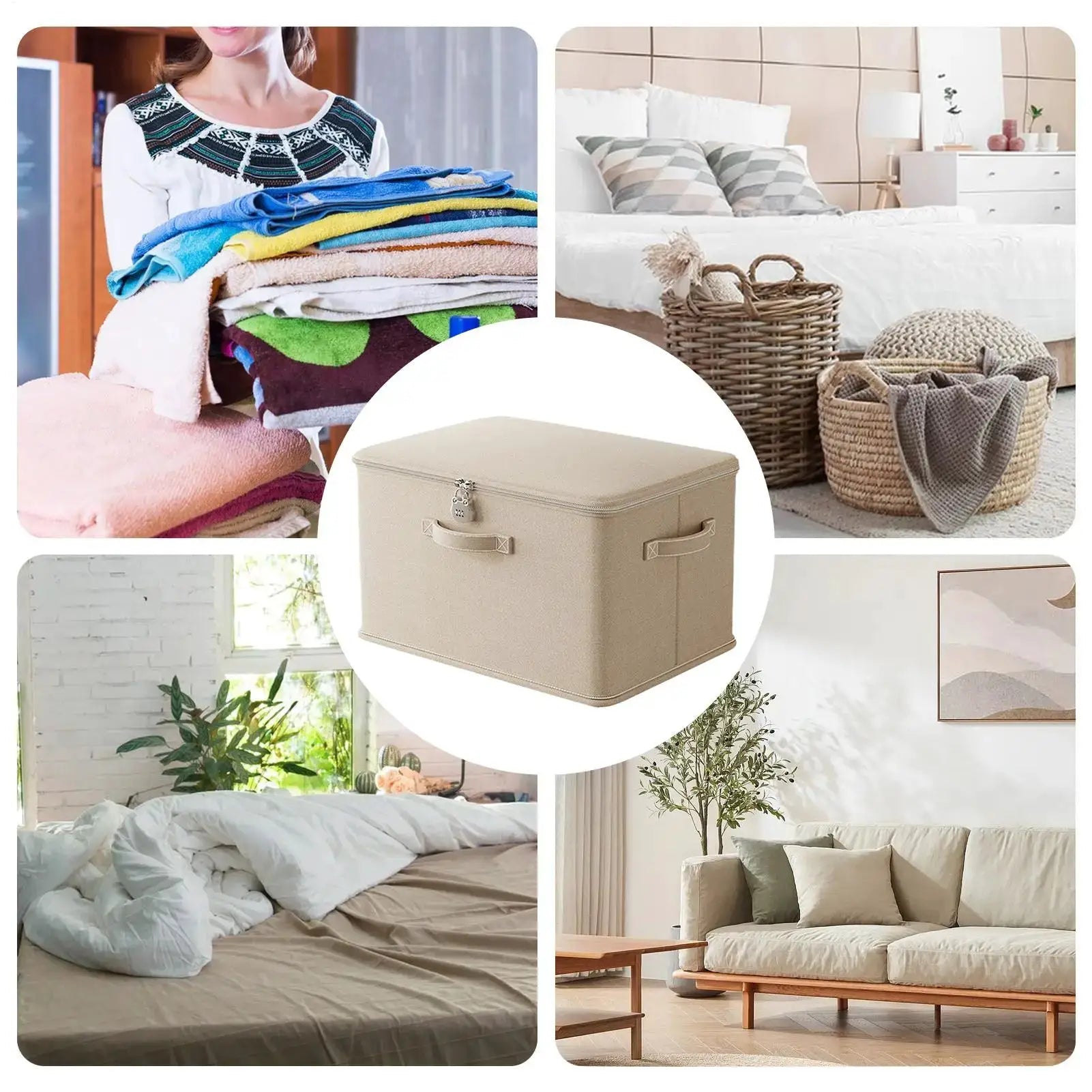 Simples Market beige lockable storage box with handles; home organization collage.