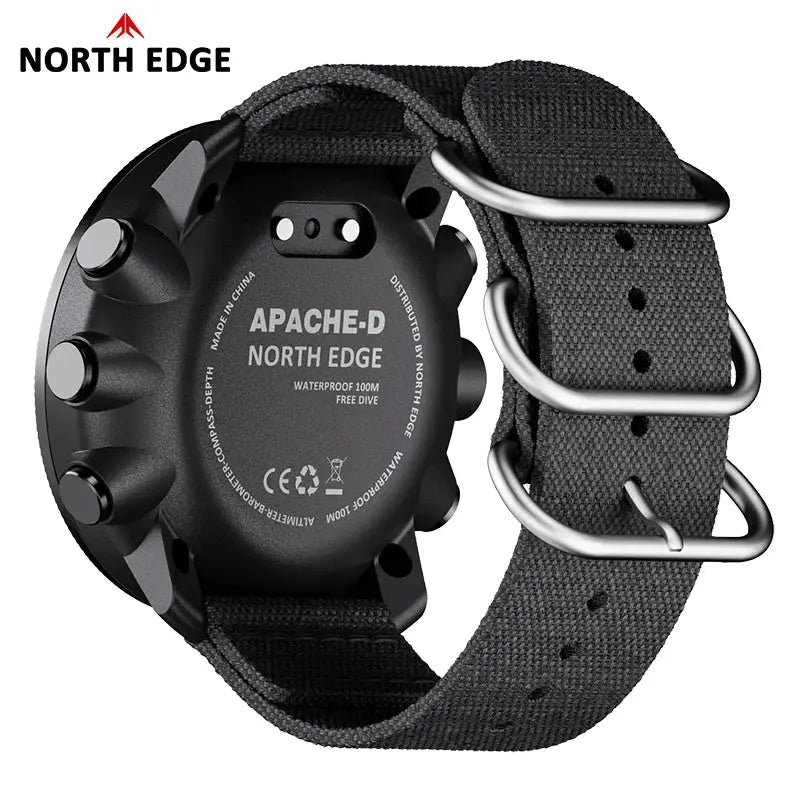 North Edge Apache-D men's dive watch back view, black case with gray fabric strap, 100M water resistance