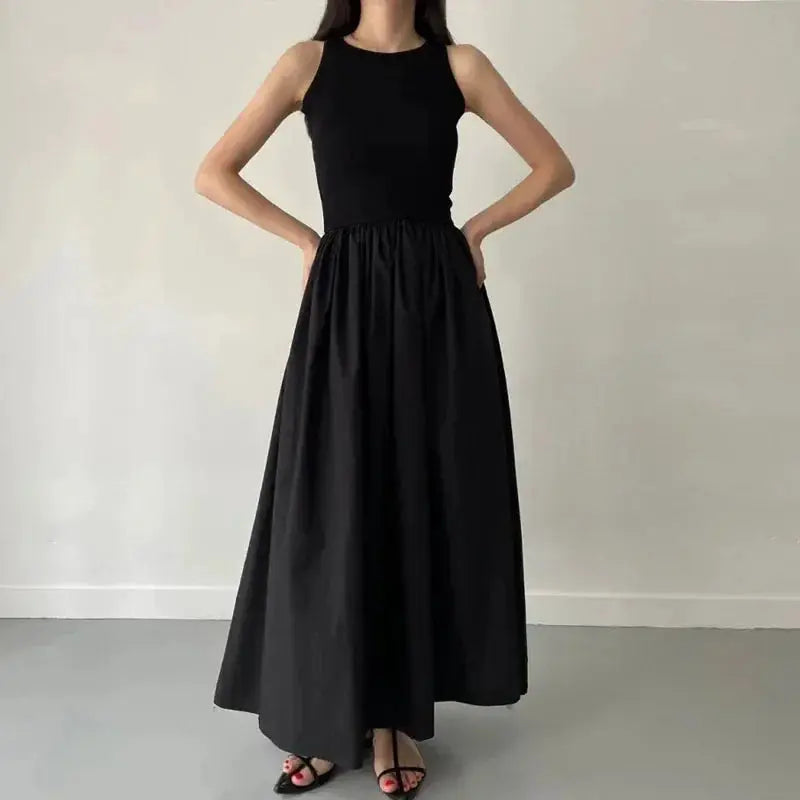 EleganceLane Black Round Neck Sleeveless Long Dress For Women High Waist Flattering Silhouette And Effortless Comfort