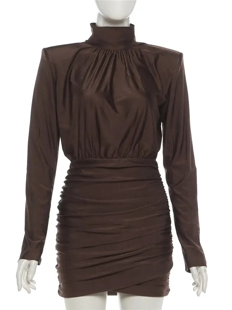Nibber Turtleneck Dress Women Shoulder Ruched Peach Mini Bodycon