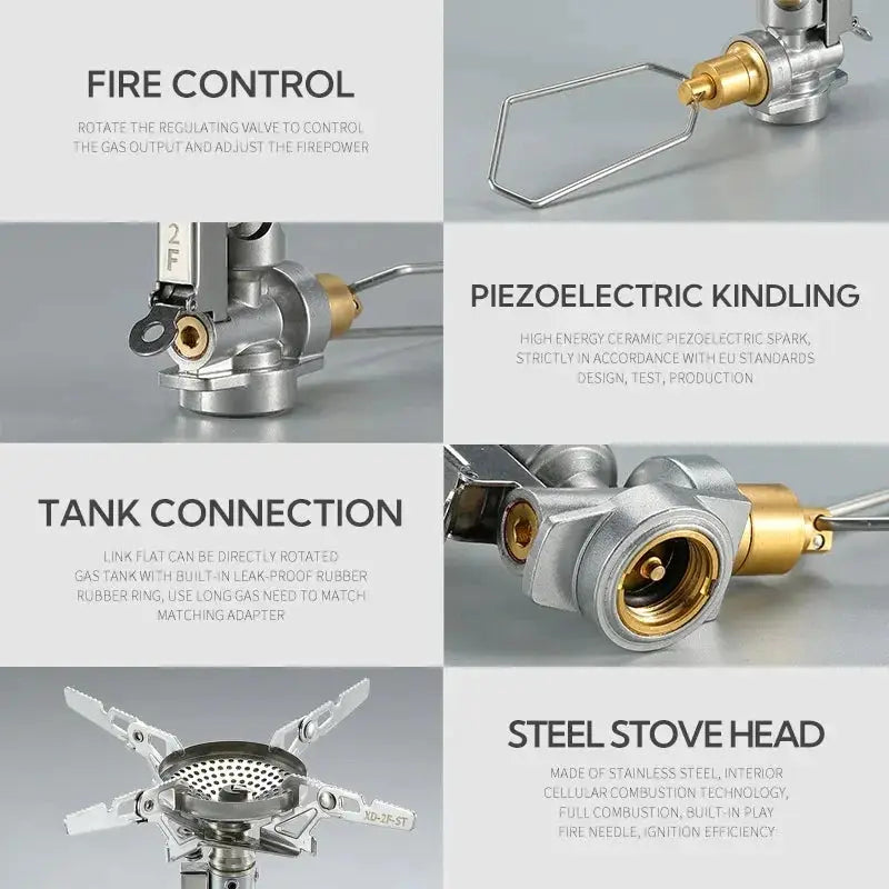 CampingMoon XD-2F outdoor portable gas stove by Simples Market; stainless steel windproof design with piezo ignition