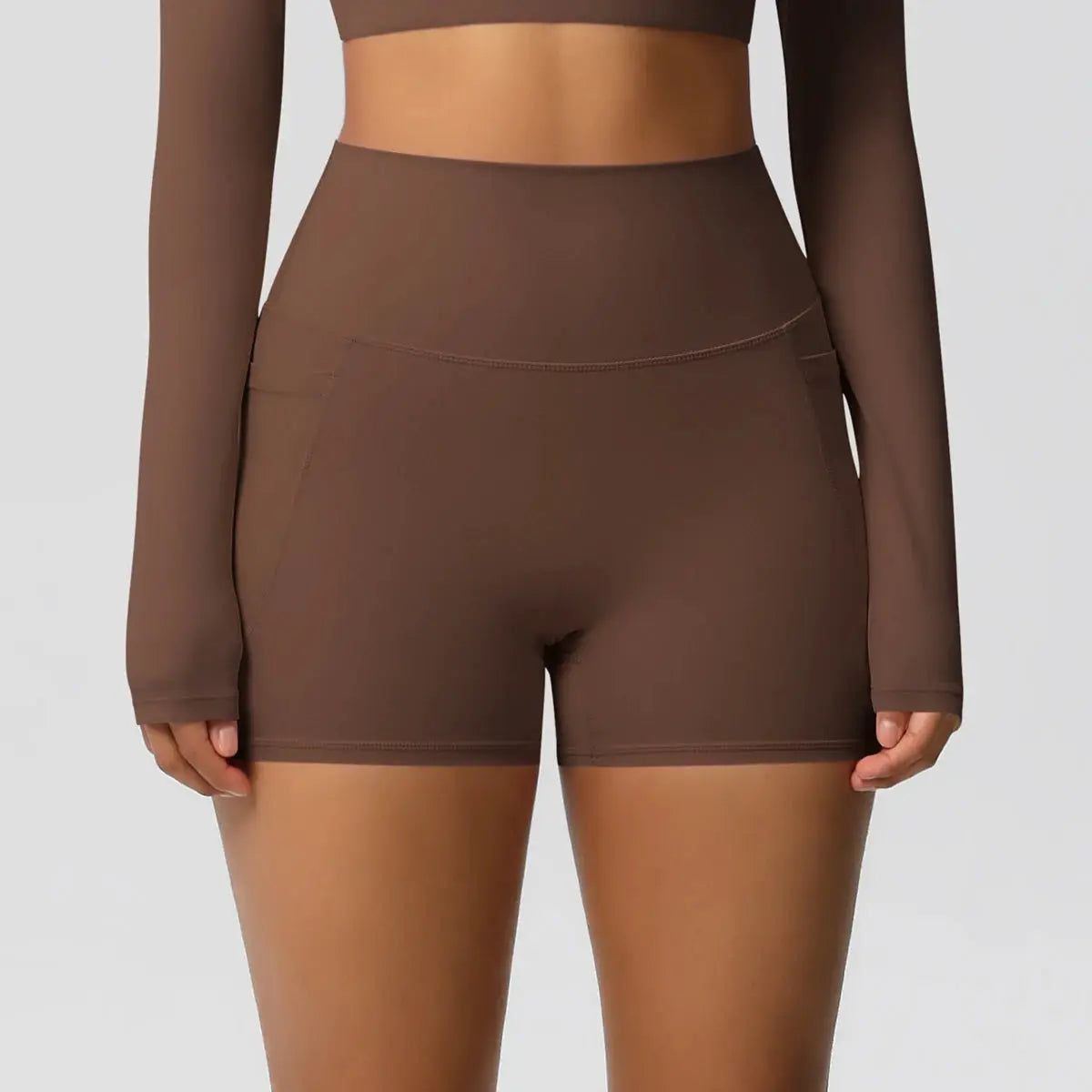 Women's pocketed high-waist yoga legging shorts by Simples Market, brown, squat-proof quick-dry fabric