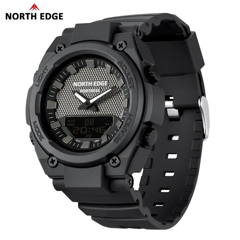 North Edge Fortress 2026 men's digital-analog watch, black rugged case with resin strap, outdoor sports