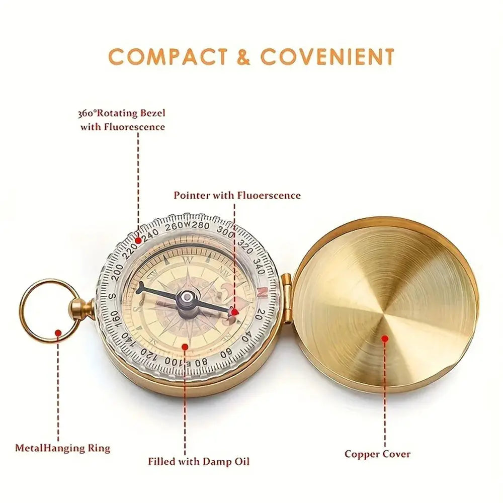 Brass pocket compass by Simples Market; camping navigation with brass case, hanging ring, and 360° bezel.