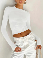 Womens Long Sleeve Crew Neck Crop Top With Thumb Holes Slim Fit Solid Color Streetwear For Daily Summer