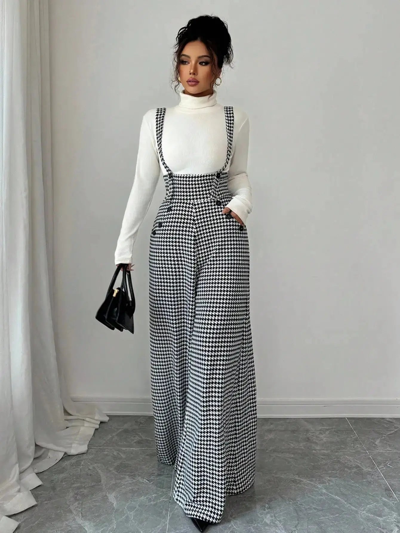 Women's black and white houndstooth wide-leg suspender overalls jumpsuit