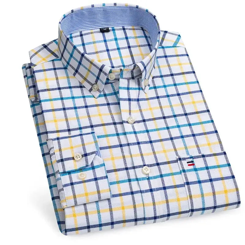 Men's 100% cotton Oxford shirt, long sleeve, blue-yellow-teal plaid check, folded