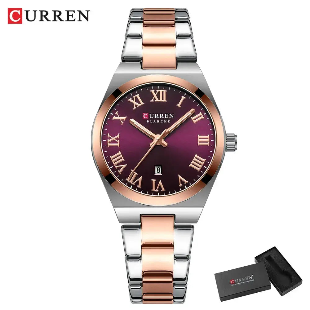 Curren women’s analog watch with two-tone stainless steel bracelet and purple dial, Roman numerals, date window.