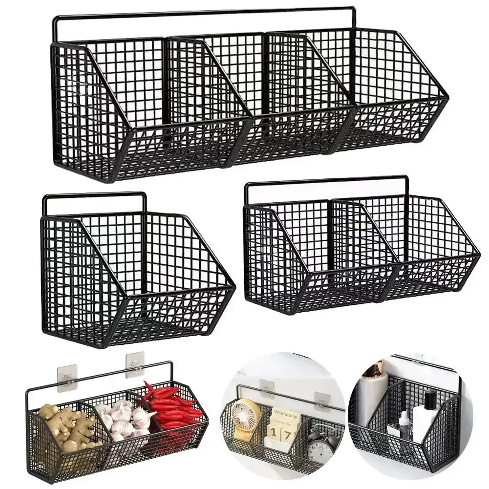 Simples Market wall-mounted black metal wire storage baskets for spices, garlic, onions, and vegetables