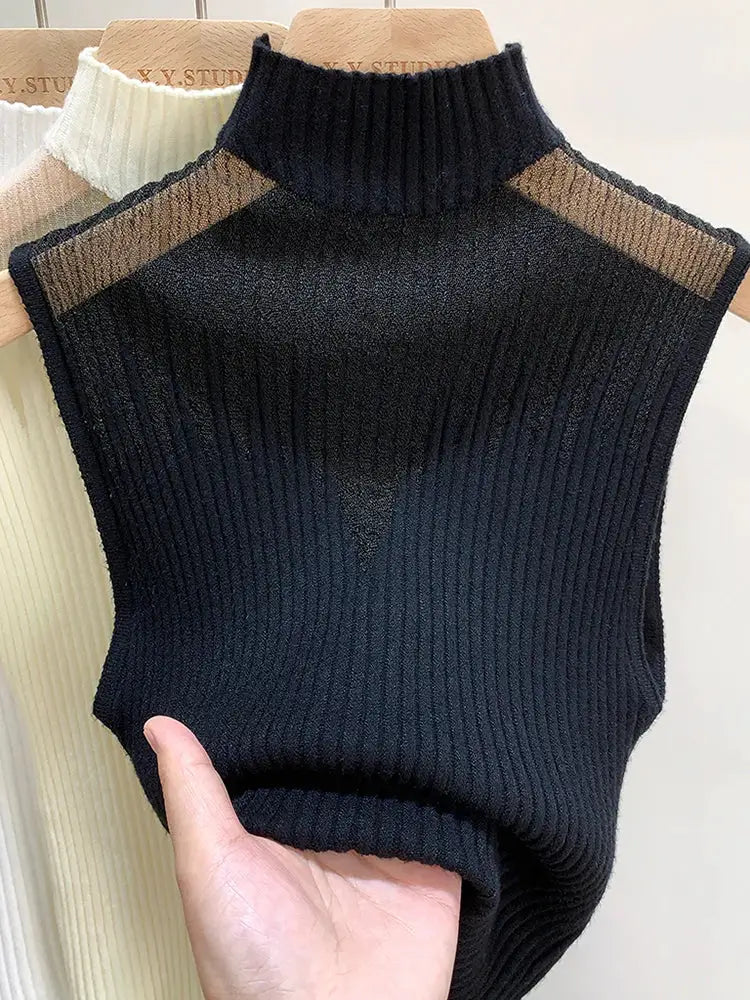 Mesh Knitted Y2K Tank Top For Women Half Neck Sleeveless Vest With Cutout Detail Streetwear Chic