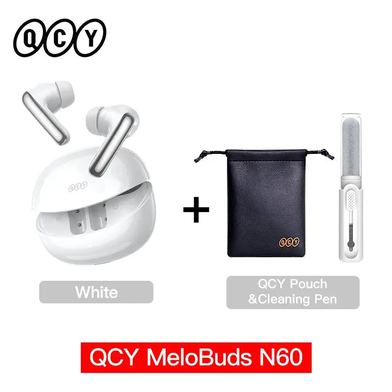 QCY MeloBuds N60 wireless earbuds in white with charging case; bundle includes pouch and cleaning pen.