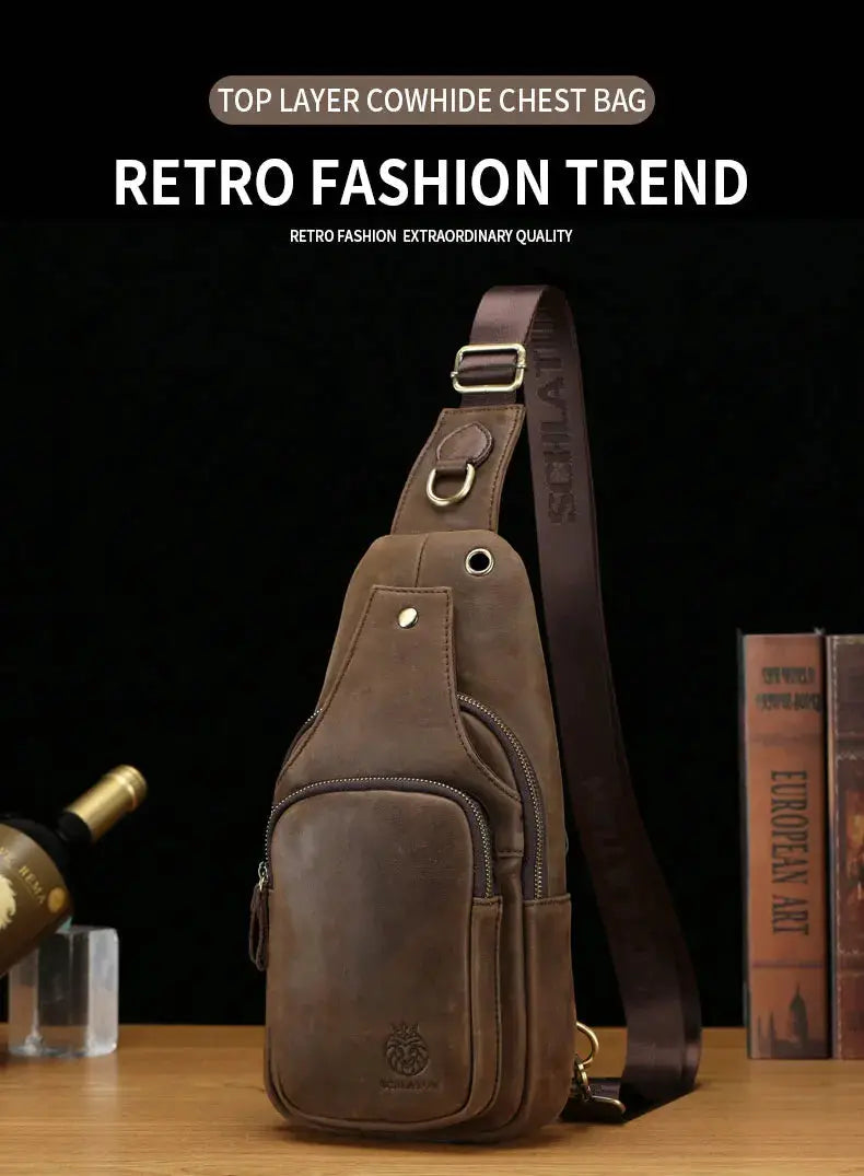 Simples Market SCHLATUM brown genuine leather chest bag with triangle crossbody design and front pocket.