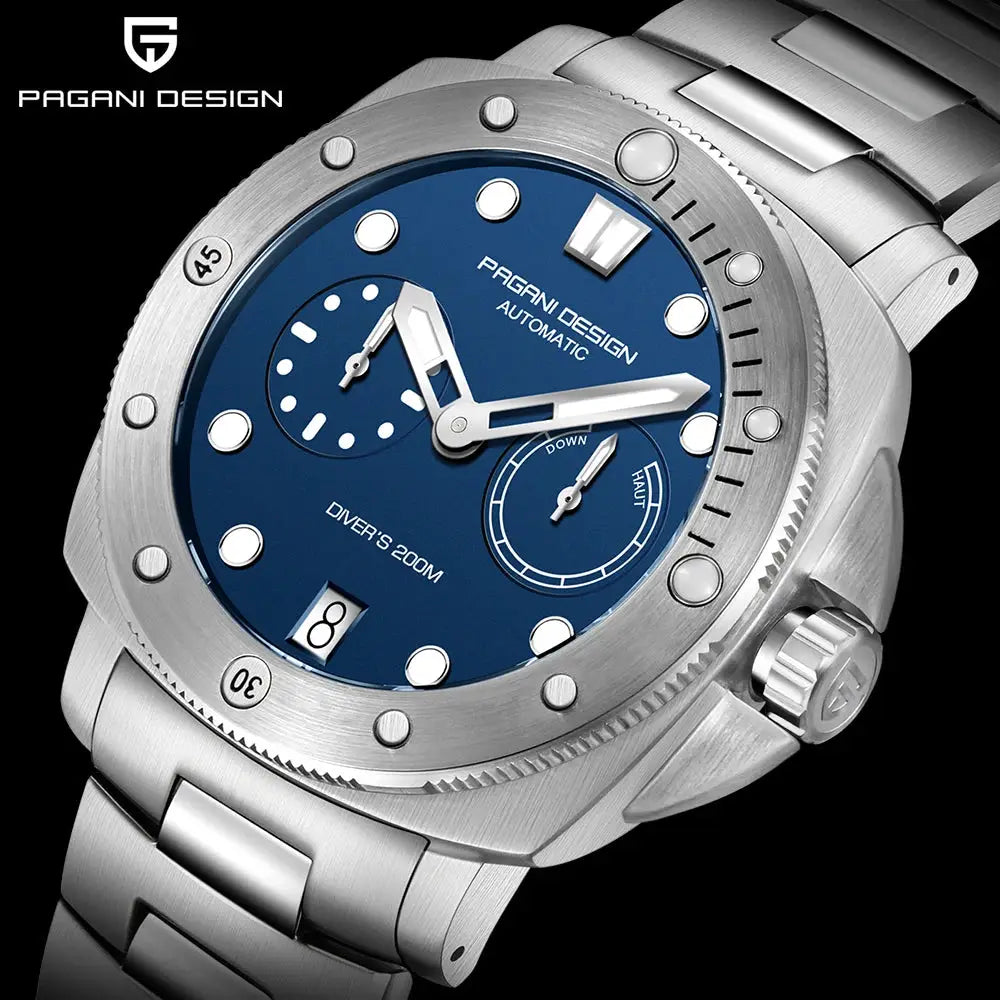 PAGANI DESIGN men's automatic watch with blue dial, stainless steel case & bracelet, 200m water resistance.
