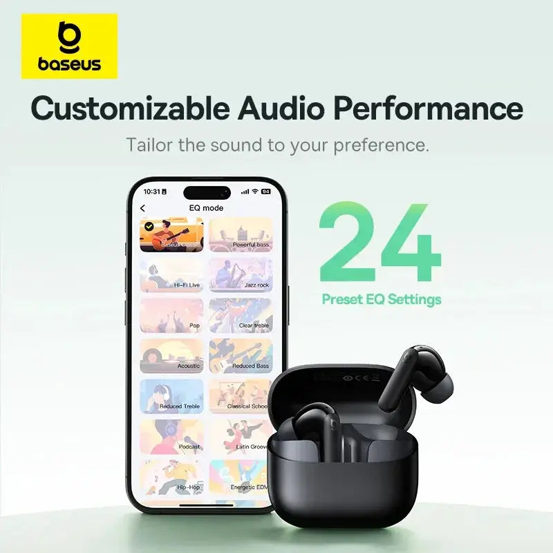 Baseus wireless earbuds with black charging case and smartphone showing 24 preset EQ settings