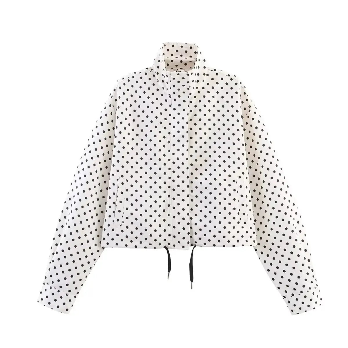 Women's Polka Dot Print Short Coat With Zipper Front Turtleneck Pockets And Drawstring Waist