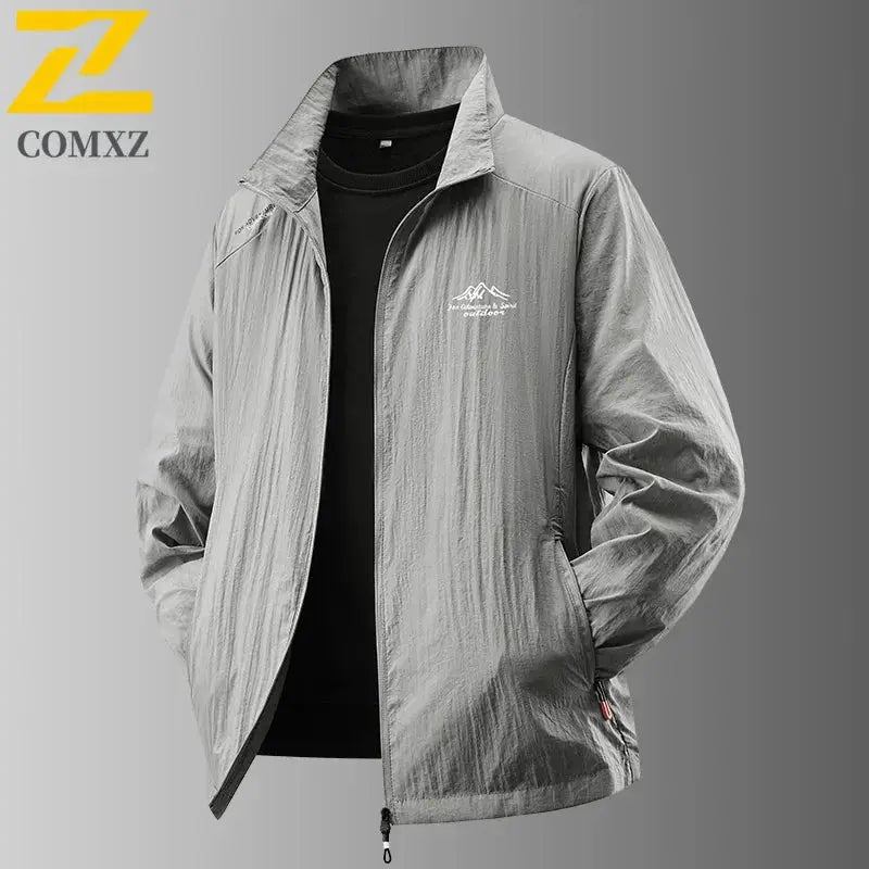 Men's 2025 sun-protection jacket, grey ultra-light breathable UV-proof ice silk coat; COMXZ logo