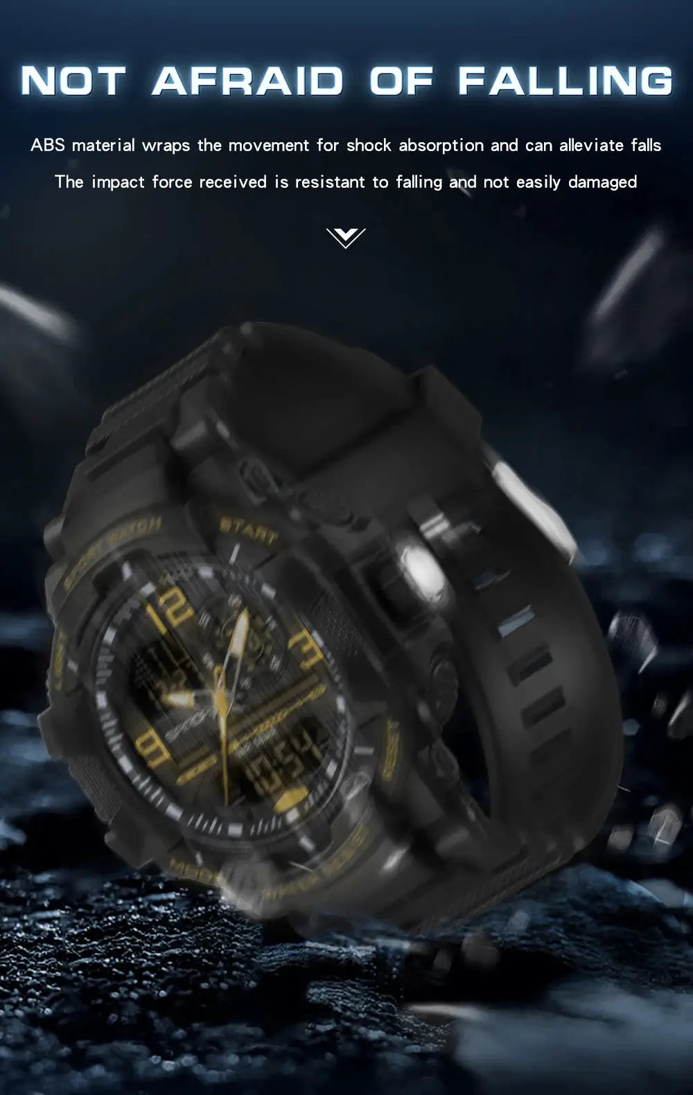 SANDA 6130 dual-display men's sport watch by Simples Market, black with yellow accents, waterproof quartz