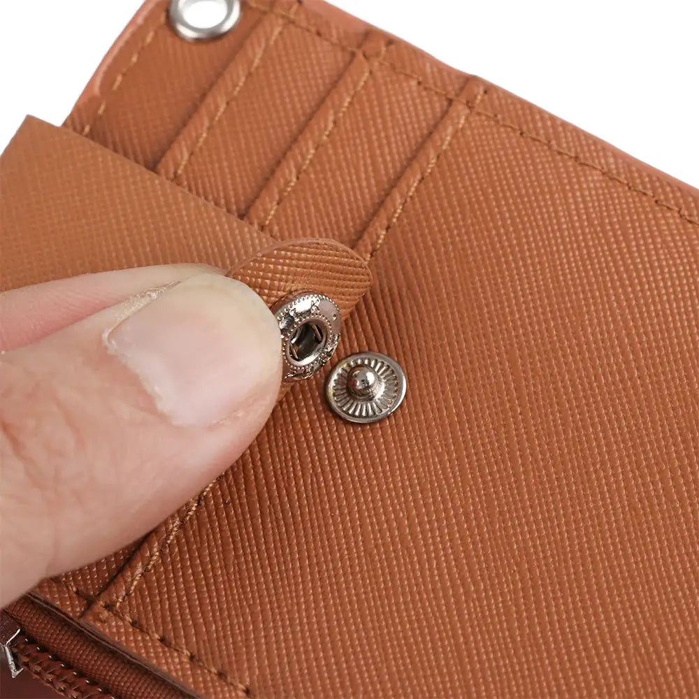 Mini brown PU leather wallet with snap closure and keyring