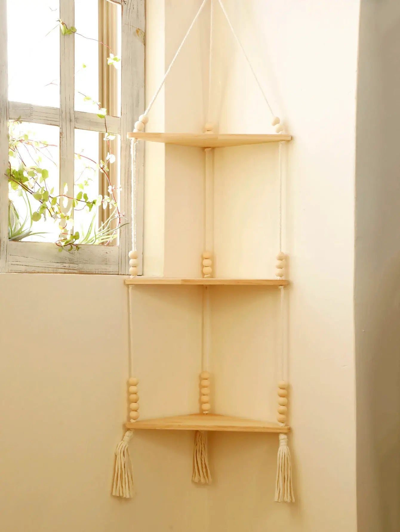 Natural wood 1/2/3-tier triangle corner floating shelf with rope hangers by Simples Market