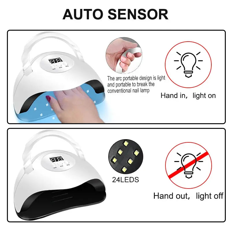 Professional gel nail polish kit with auto-sensor UV LED nail dryer; white lamp with 24 LEDs