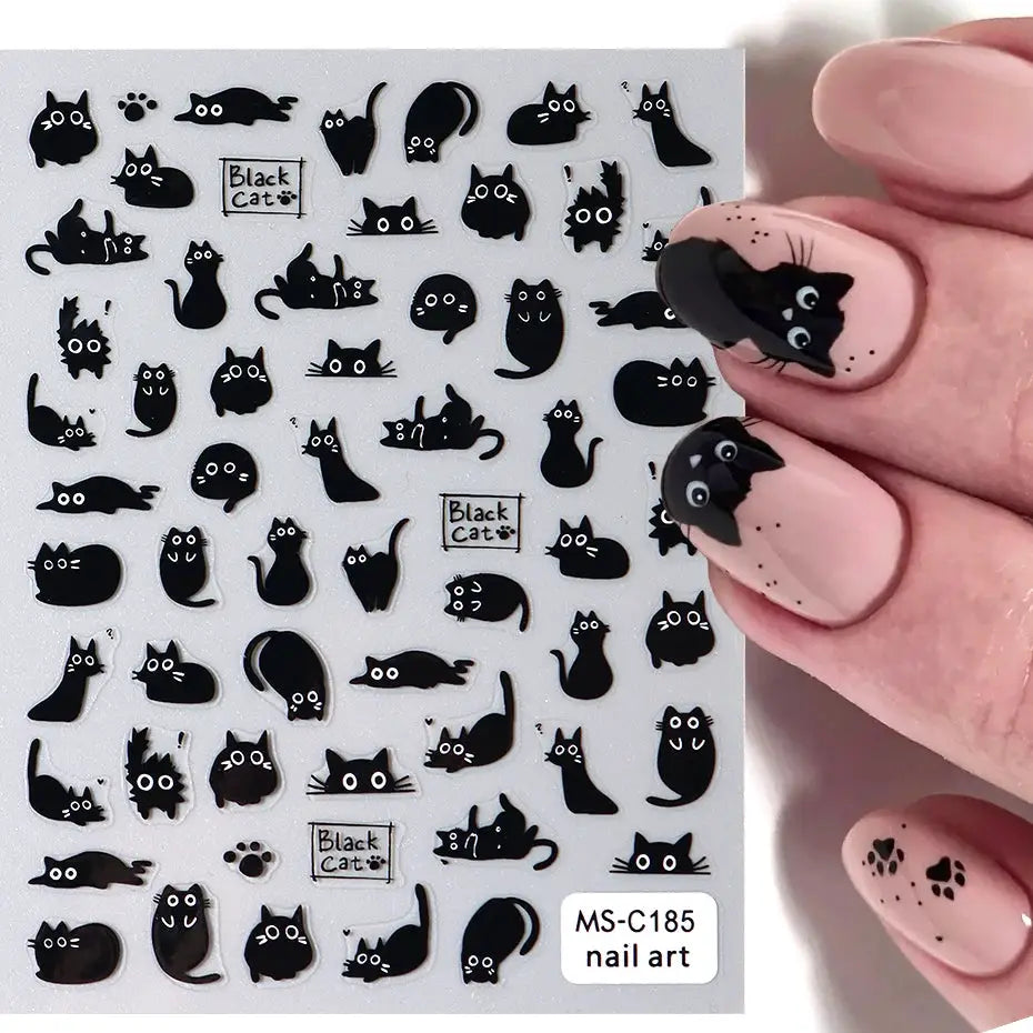 2pcs Black Cat nail stickers sheet with cartoon cat decals for manicure, self-adhesive
