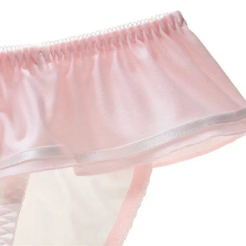 Panties: pink milk-silk underwear with sheer fabric, ruffled waistband and lace trim (Simples Market)