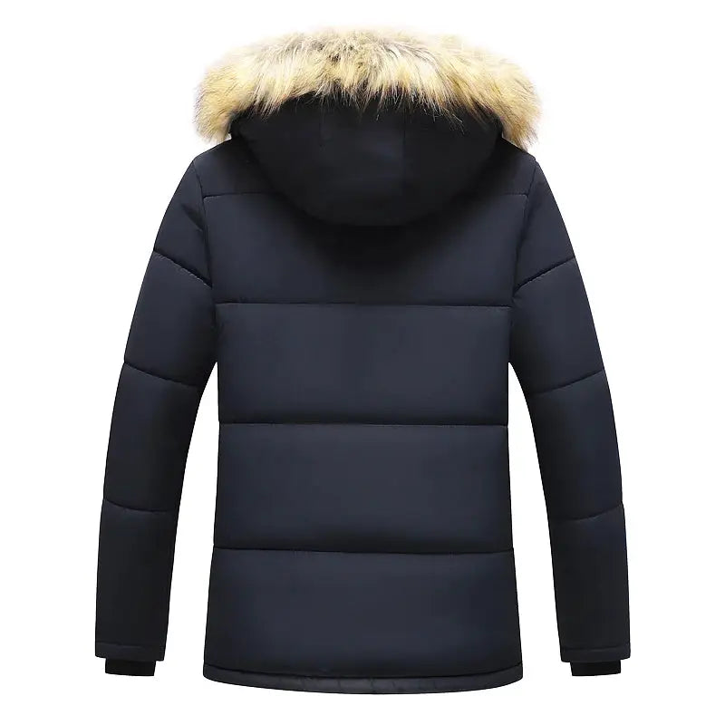 Men's navy fur-trimmed hooded puffer parka jacket for winter warmth