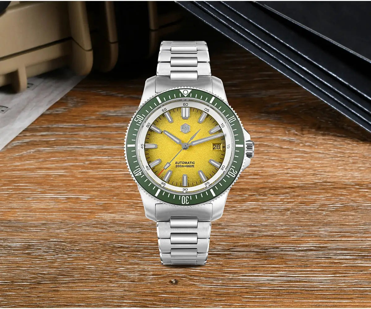 San Martin 40mm dive watch with yellow dial, green bezel, stainless steel bracelet, NH35 automatic, 200m WR