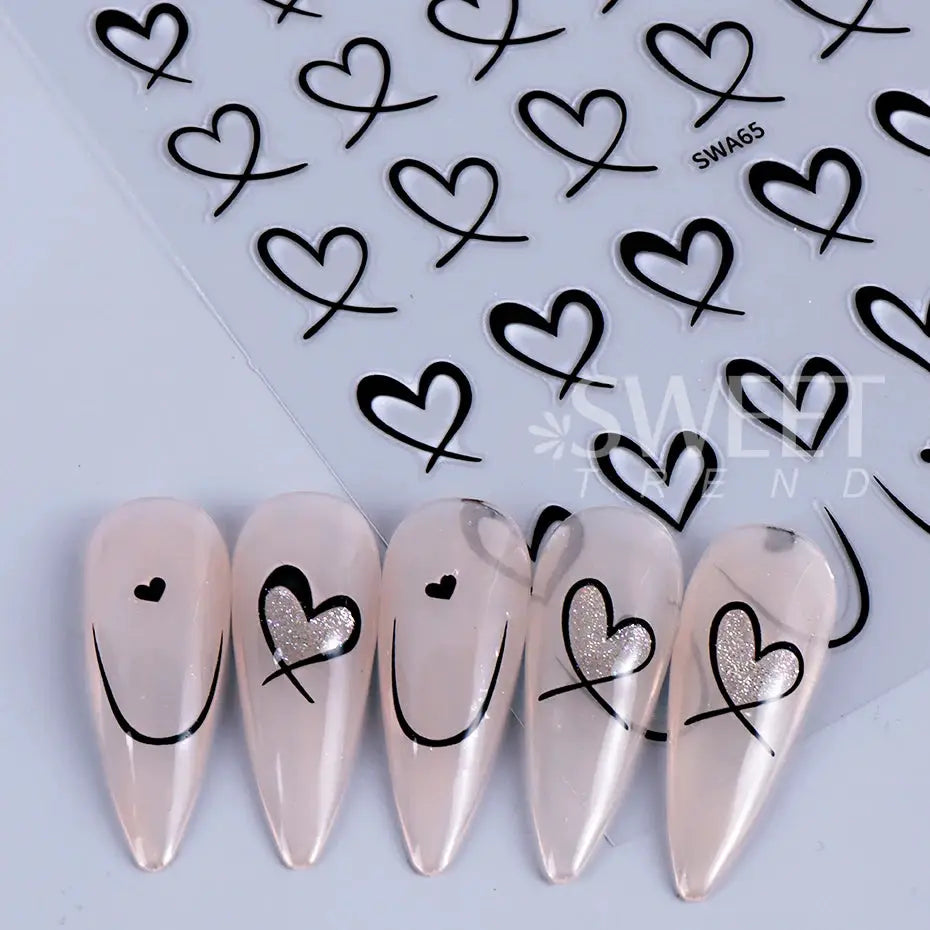 Nail art stickers 3pcs Valentine heart line decals by Simples Market in black on pale pink nails